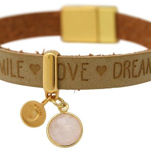 Gemshine - Damen - Armband - Fußabdruck - 925 Silber - Vergoldet - WISHES - Braun - Sand - Rosenquarz - Magnetverschluss