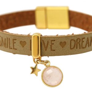Gemshine - Damen - Armband - STAR - Stern - 925 Silber - Vergoldet - WISHES - Braun - Sand - Rosenquarz - Magnetverschluss