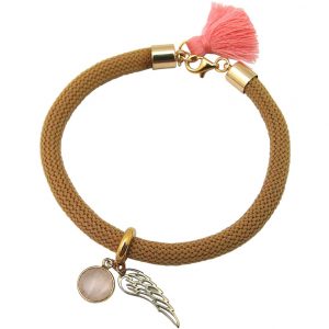 Gemshine - Damen - Armband - Vergoldet - Edelstein - Rosenquarz - Engel Flügel - Rosa - Braun