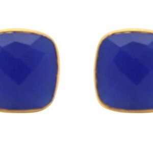 Gemshine - Damen - Ohrringe - Ohrstecker - 925 Silber Vergoldet - Chalcedon - Facettiert - Blau - 13 mm