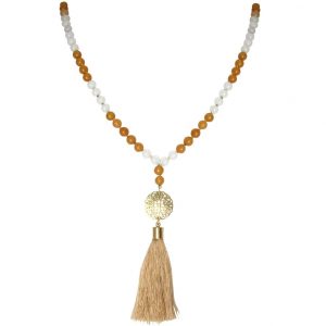Gemshine - Mala Halskette - Anhänger - Vergoldet - Edelstein - Lachs - Beige - 80 cm