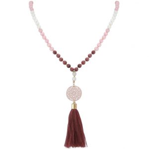 Gemshine - Mala Halskette - Anhänger - Vergoldet - Edelstein - Rose - Beige - 80 cm