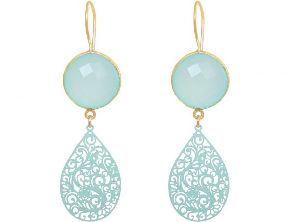 GEMSHINE Damenohrringe mit Mandalas und Chalcedon Edelsteinen. Ohrhänger. Made in Madrid / Spanien. Im eleganten Geschenketui geliefert., Metall Farbe:Silber vergoldet