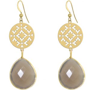 GEMSHINE Damenohrringe mit Mandalas und grauen Achat Edelsteinen hervorragender Qualität. Ohrhänger. Made in Madrid / Spanien. Im eleganten Geschenketui geliefert., Metall Farbe:Silber vergoldet