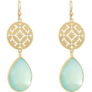 GEMSHINE Damenohrringe mit Mandalas und meeresgrünen Chalcedon Edelsteinen hervorragender Qualität. Ohrhänger. Made in Madrid / Spanien. Im eleganten Geschenketui, Metall Farbe:Silber vergoldet