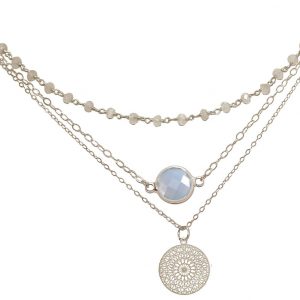 GEMSHINE Halskette Choker mit facettierten Mondsteinen und Mandala. 925 Silber oder hochwertig vergoldet. Qualitätsvoller Schmuck Made in München / Deutschland, Metall Farbe:Silber