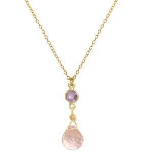 GEMSHINE Halskette mit Amethyst und Rosenquarz. Edelstein Tropfen Anhänger hochwertig vergoldet an 45 cm Kette. Made in München / Deutschland. Im edlen Schmucketui geliefert. Auch als SET mit Ohrringen