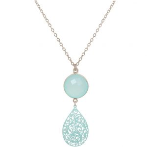 GEMSHINE Halskette mit Mandala und Chalcedon Edelstein. Anhänger aus Silber, vergoldet oder rose an 45cm Kette. Made in Madrid / Spanien. Im edlen Geschenketui., Metall Farbe:Silber