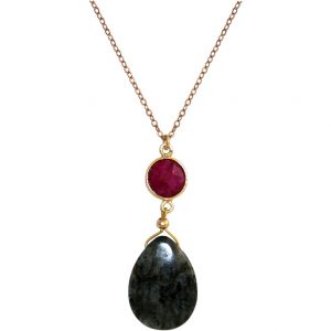 GEMSHINE Halskette mit Rubin und Labradorit. Tropfen Anhänger aus 925 Silber oder hochwertig vergoldet an 60cm Kette. Made in München / Deutschland. Im edlen Etui geliefert. Auch als SET mit Ohrringen