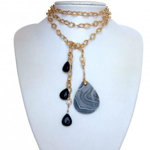 Gemshine - Damen - Halskette  - Lariat - Vergoldet - Achat -Tropfen - Blau - Schwarz - 100 cm