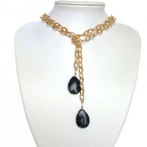Gemshine - Damen - Halskette  - Lariat - Vergoldet - Labradorit - Tropfen - Grau - 100 cm