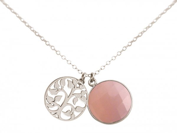 Gemshine - Damen - Halskette - Anhänger - LEBENSBAUM - 925 Silber - Rosenquarz - Rosa - 45 cm