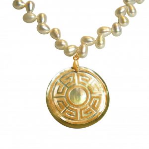 Gemshine - Damen - Halskette - Anhänger - Medaillon - Perlen - Perlmutt - Vergoldet - Bronze - Grau - Weiß - 5 cm