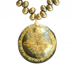 Gemshine - Damen - Halskette - Anhänger - Medaillon - Perlen - Perlmutt - Vergoldet - Bronze - Grau - 5 cm