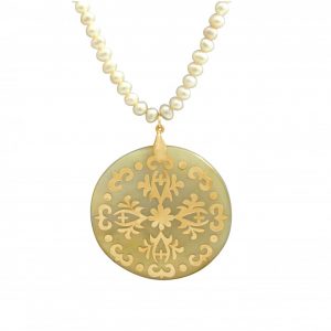 Gemshine - Damen - Halskette - Anhänger - Medaillon - Perlen - Perlmutt - Vergoldet - Bronze - Grau - Weiß - 5 cm