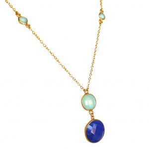 GEMSHINE Halskette mit Saphir und Chalcedon. Anhänger aus 925 Silber, gelb oder rose vergoldet. Made in München / Deutschland. Im edlen Etui. Auch als SET mit Ohrringen., Metall Farbe:Silber vergoldet