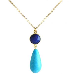 GEMSHINE Halskette mit Saphir und Türkis. Anhänger aus 925 Silber hochwertig vergoldet an 60cm Kette. Made in München / Deutschland. Im eleganten Schmucketui geliefert. Auch als Set mit Ohrringen.
