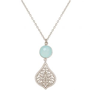 GEMSHINE Halskette mit Mandala und Chalcedon Edelstein. Anhänger aus Silber, vergoldet oder rose an 45cm Kette. Made in Madrid / Spanien. Im edlen Etui, Metall Farbe:Silber