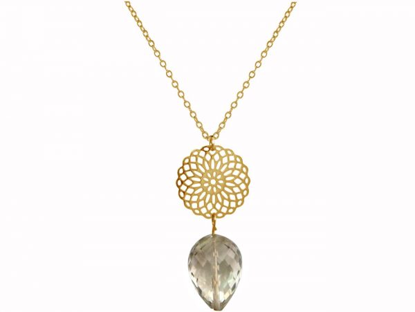GEMSHINE Halskette mit Mandala und Rauchquarz Edelstein. Anhänger aus Silber, vergoldet oder rose an 45cm Kette. Made in Madrid / Spanien. Im eleganten Geschenketui., Metall Farbe:Silber vergoldet