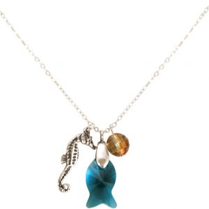 Gemshine - Damen - Halskette - Anhänger - 925 Silber - Fisch - Seepferdchen - Blau - MADE WITH SWAROVSKI ELEMENTS® - 45 cm