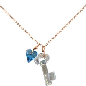 Gemshine - Damen - Halskette - Anhänger - Rose Vergoldet - Schlüssel - Herz - Blau - MADE WITH SWAROVSKI ELEMENTS® - 45 cm
