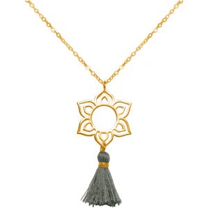 Gemshine - Damen - Halskette - Anhänger - 925 Silber - Vergoldet - Lotus Blume - Mandala - Quaste - Grau - YOGA - 45 cm