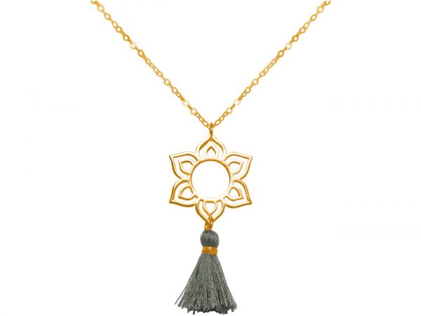 Gemshine - Damen - Halskette - Anhänger - 925 Silber - Vergoldet - Lotus Blume - Mandala - Quaste - Grau - YOGA - 45 cm