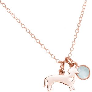 GEMSHINE Dackel Anhänger mit Edelstein Auswahl. Massiv 925 Silber hochwertig rose vergoldet an 45cm Kette. Geschenk für Haustier Herrchen und Frauchen - Made in Spain, Stein:Chalcedon