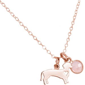 GEMSHINE Dackel Anhänger mit Edelstein Auswahl. Massiv 925 Silber hochwertig rose vergoldet an 45cm Kette. Geschenk für Haustier Herrchen und Frauchen - Made in Spain, Stein:Rosenquarz