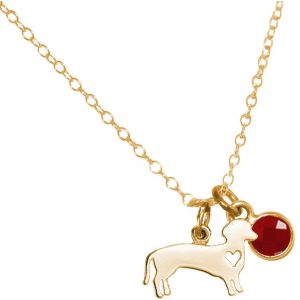 GEMSHINE Dackel Anhänger mit Edelstein Auswahl. Massiv 925 Silber hochwertig vergoldet an 45cm Halskette. Geschenk für Haustier Herrchen und Frauchen - Made in Spain, Stein:Rubin