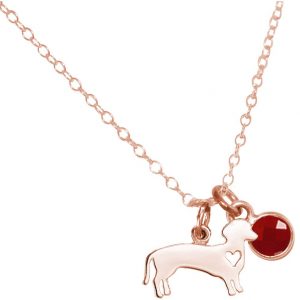 GEMSHINE Dackel Anhänger mit Edelstein Auswahl. Massiv 925 Silber hochwertig rose vergoldet an 45cm Kette. Geschenk für Haustier Herrchen und Frauchen - Made in Spain, Stein:Rubin