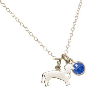 GEMSHINE Dackel Anhänger mit Edelstein Auswahl. Massiv 925 Silber an 45cm Halskette. Geschenk für Haustier Herrchen und Frauchen - Made in Spain, Stein:Saphir