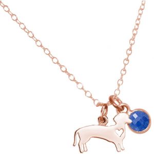 GEMSHINE Dackel Anhänger mit Edelstein Auswahl. Massiv 925 Silber hochwertig rose vergoldet an 45cm Kette. Geschenk für Haustier Herrchen und Frauchen - Made in Spain, Stein:Saphir