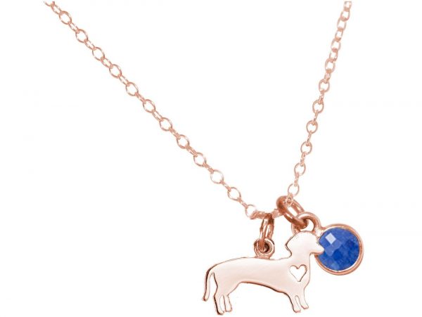 GEMSHINE Dackel Anhänger mit Edelstein Auswahl. Massiv 925 Silber hochwertig rose vergoldet an 45cm Kette. Geschenk für Haustier Herrchen und Frauchen - Made in Spain, Stein:Saphir