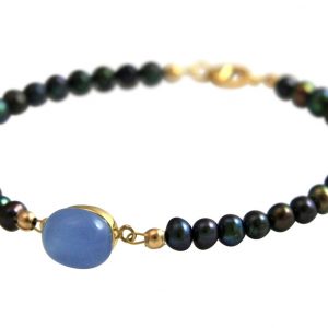 Gemshine - Damen - Armband - Vergoldet - Tahiti Grau Perlen- Chalcedon - Blau - 18