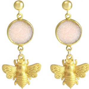 Gemshine - Damen - Ohrringe - 925 Silber - Vergoldet - BEE –- Biene - DRUZY - Rose Quarz - 4 cm