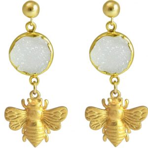 Gemshine - Damen - Ohrringe - 925 Silber - Vergoldet - BEE –- Biene - DRUZY - Weiß - Quarz - 4 cm