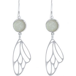 Gemshine - Damen - Ohrringe - Schmetterling - Flügel - WINGS - 925 Silber –- DRUZY - Weiß - Quarz - 6,5 cm