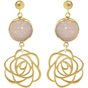 Gemshine - Damen - Ohrringe - 925 Silber - Vergoldet - ART DECO - Blume - Rose –- DRUZY - Quarz - 4,5 cm