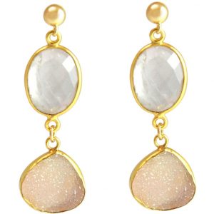 Gemshine - Damen - Ohrringe - 925 Sterling Silber - Vergoldet - DRUZY - Rose Quarz - 4 cm
