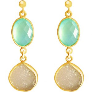 Gemshine - Damen - Ohrringe - 925 Sterling Silber - Vergoldet - DRUZY - Weiß - Quarz - Chalzedon - Aqua Blau - 4 cm