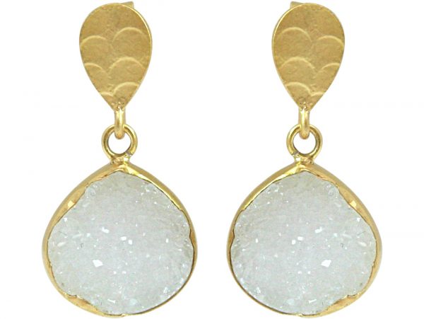 Gemshine - Damen - Ohrringe - 925 Sterling Silber - Vergoldet - DRUZY - Quarz - Weiß - 3 cm