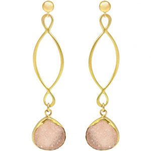 Gemshine - Damen - Ohrringe - INFINITY - 925 Silber –Vergoldet –- DRUZY - Rose Quarz - 6,5 cm