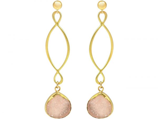 Gemshine - Damen - Ohrringe - INFINITY - 925 Silber –Vergoldet –- DRUZY - Rose Quarz - 6,5 cm