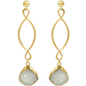 Gemshine - Damen - Ohrringe - INFINITY - 925 Silber –Vergoldet –- DRUZY - Weiß - Quarz - 6,5 cm
