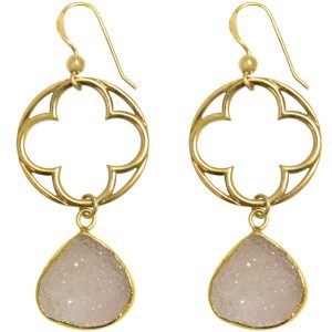 Gemshine - Damen - Ohrringe - CLOVER - 925 Silber - Vergoldet –- DRUZY - Rose Quarz - 5 cm