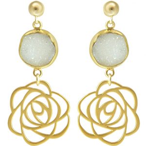 Gemshine - Damen - Ohrringe - 925 Silber - Vergoldet - ART DECO - Blume - Rose –- DRUZY - Weiß - Quarz - 4,5 cm