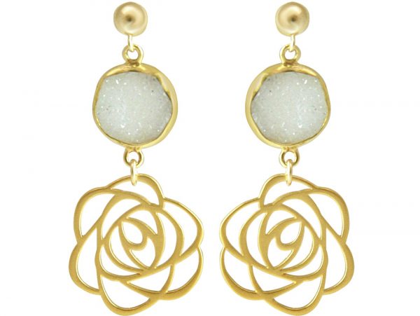 Gemshine - Damen - Ohrringe - 925 Silber - Vergoldet - ART DECO - Blume - Rose –- DRUZY - Weiß - Quarz - 4,5 cm