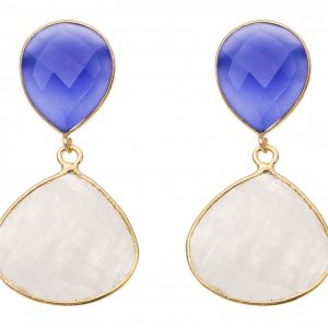 Gemshine - Damen - Ohrringe - 925 Silber Vergoldet - Mondstein - Chalcedon - Weiss - Blau - 4 cm