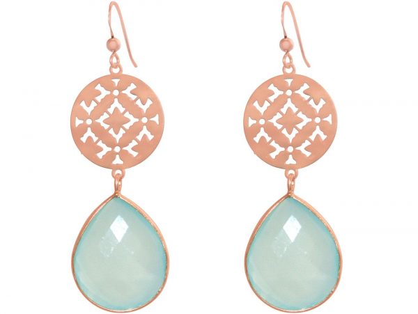 GEMSHINE Damenohrringe mit Mandalas und meeresgrünen Chalcedon Edelsteinen hervorragender Qualität. Ohrhänger. Made in Madrid / Spanien. Im eleganten Geschenketui, Metall Farbe:Silber rose vergoldet